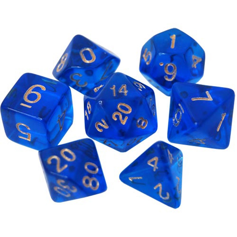 Game Plus Products 16mm Resin Dice: Transparent – Dark Blue w/ Gold Numbers (7)