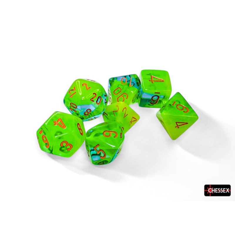 Chessex Gemini Plasma Green-Teal/Orange Luminary Polyhedral 7-Dice Set Poly GE Plasma Teal/Orange