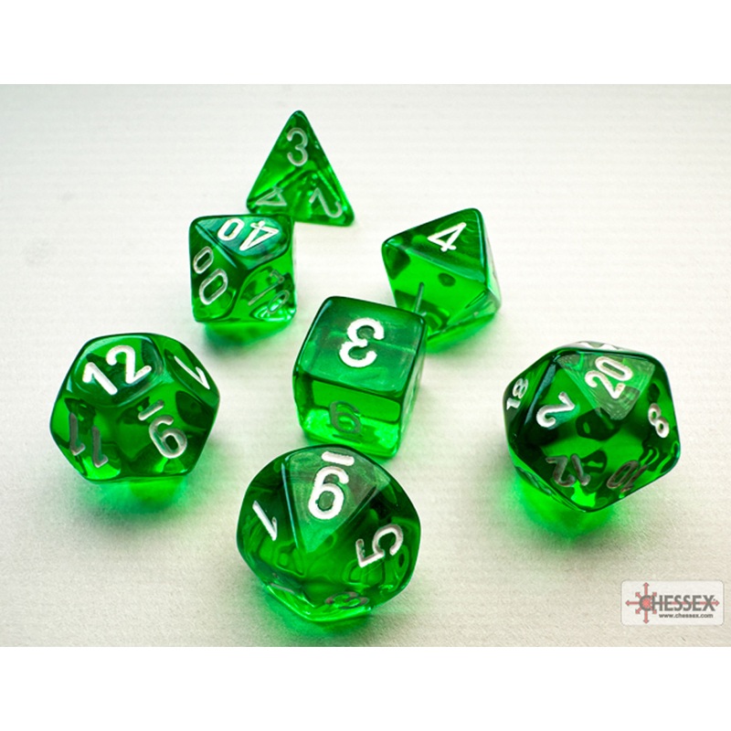 10mm Polyhedral Dice: Translucent – Green w/ White (7)
