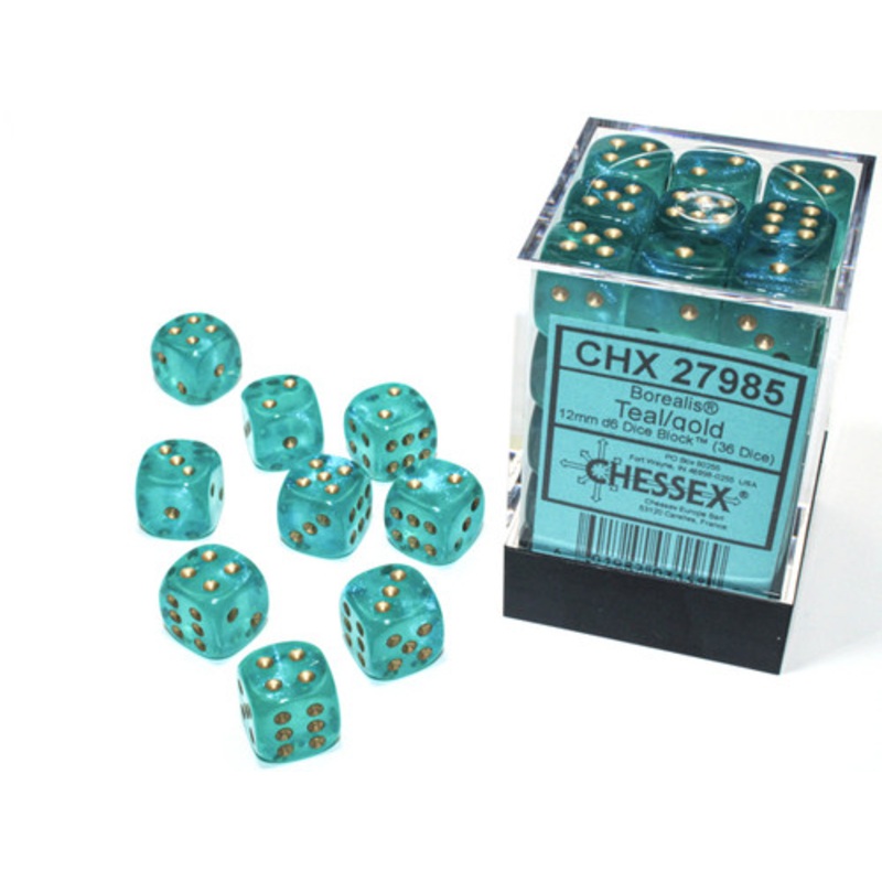 Borealis Luminary Teal/Gold Six-Sided DiceSet of 36