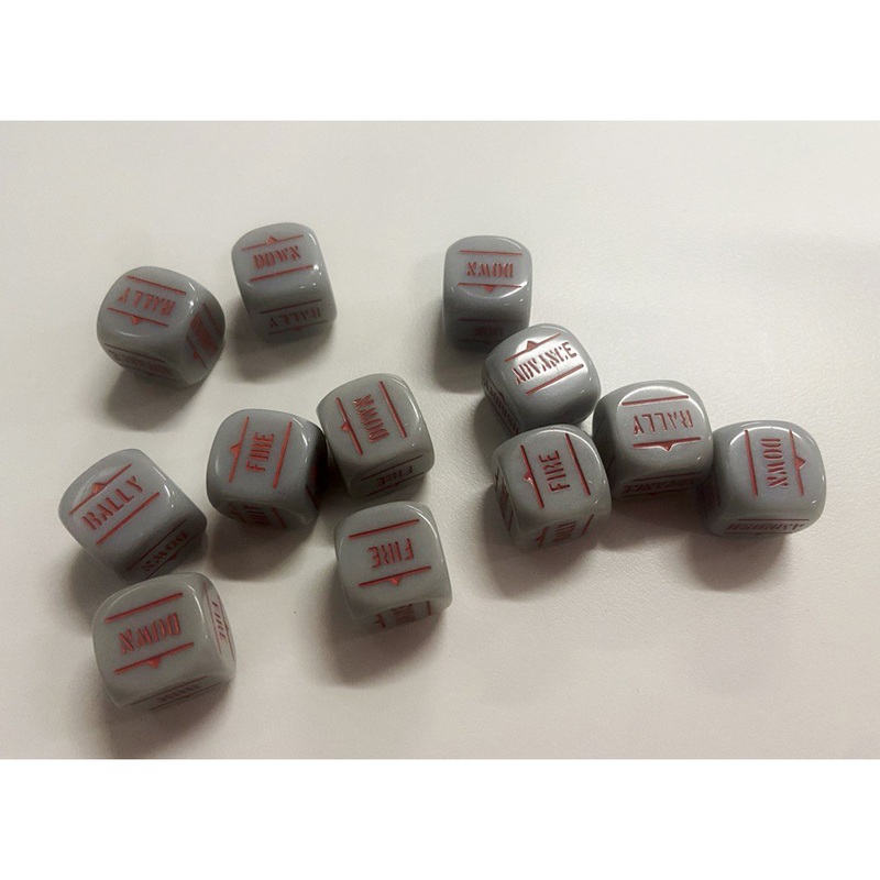 Bolt Action: Orders Dice – Grey w/ Red Writing (12)