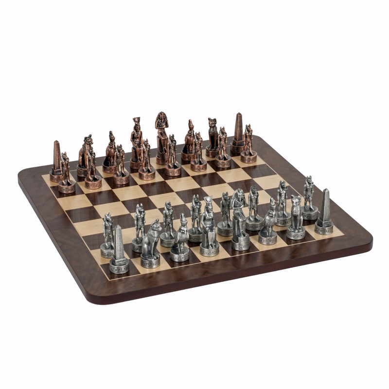 16″ PEWTER EGYPTIAN CHESS SET (WALNUT ROOT BOARD)