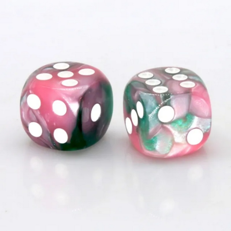 12 piece Pip D6’s – Pink and Green Pearlescent 12d6 Pips Pink & Green