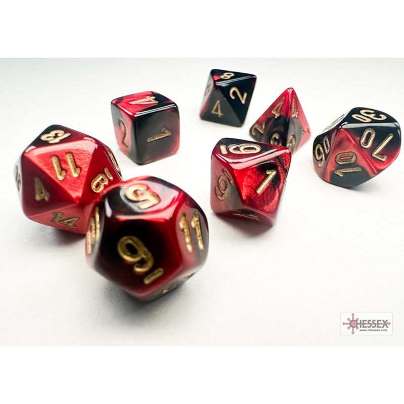 10mm Polyhedral Dice: Gemini – Black-Red w/ Gold (7)